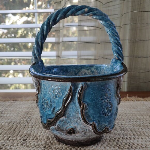 Italian Majolica Basket Made in Italy Vintage Ceramic Bowl Vase 7" - Picture 1 of 12